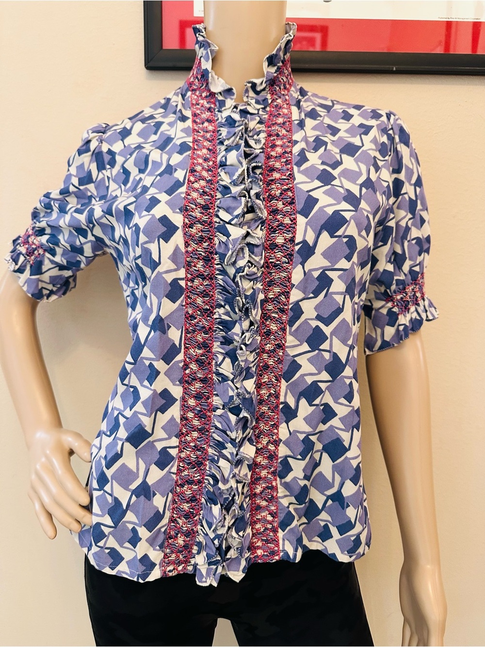 Blue Geometric Ruffle Collar Blouse - Picture 2 of 14